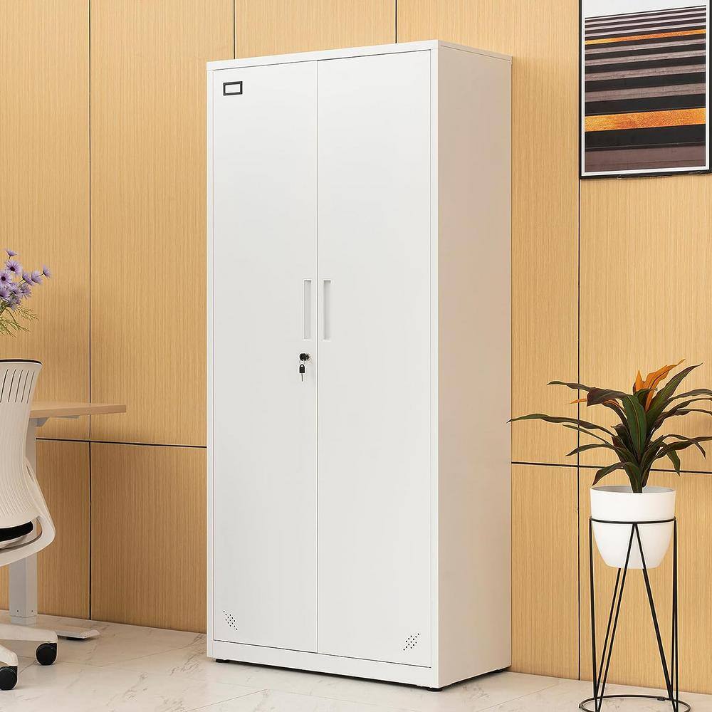 None White Metal Storage Cabinet with 2-Doors and 4 Shelves, Lockable Tall Cabinet for Home Office Garage Kitchen Pantry