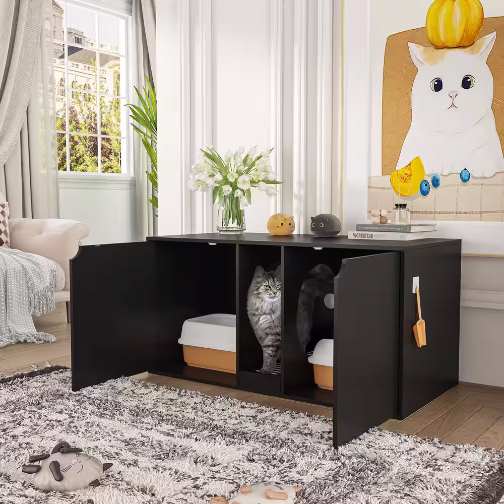 None Cat Litter Box Enclosure for 2 Cats, Modern Wood Stackable Large Cat Washroom Cabinet Bench End Table Furniture, Black