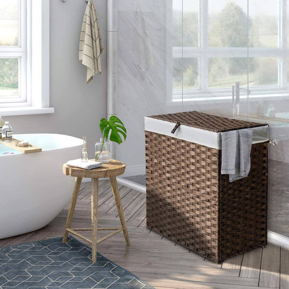 None 110L Rattan Laundry Basket Hamper with 2 Removable Liner Bags Brown