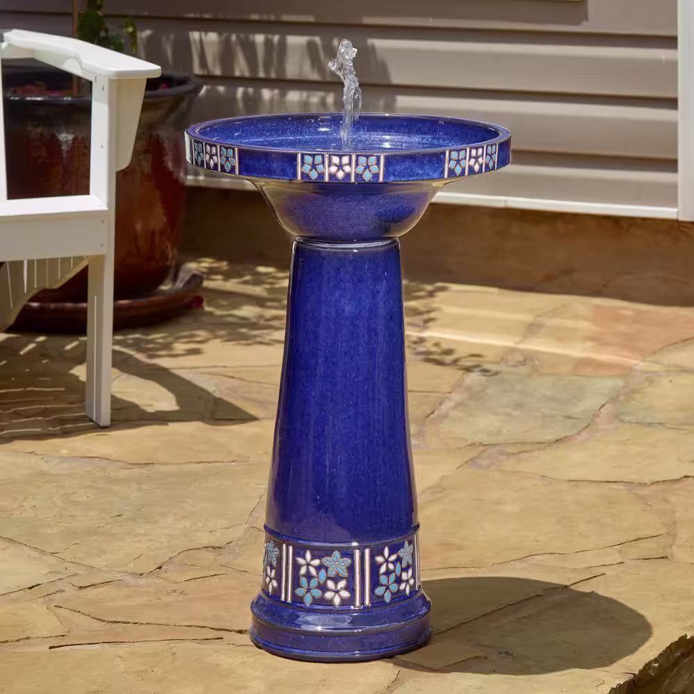Smart Solar Louisa Ceramic Solar Birdbath in Cobalt Blue