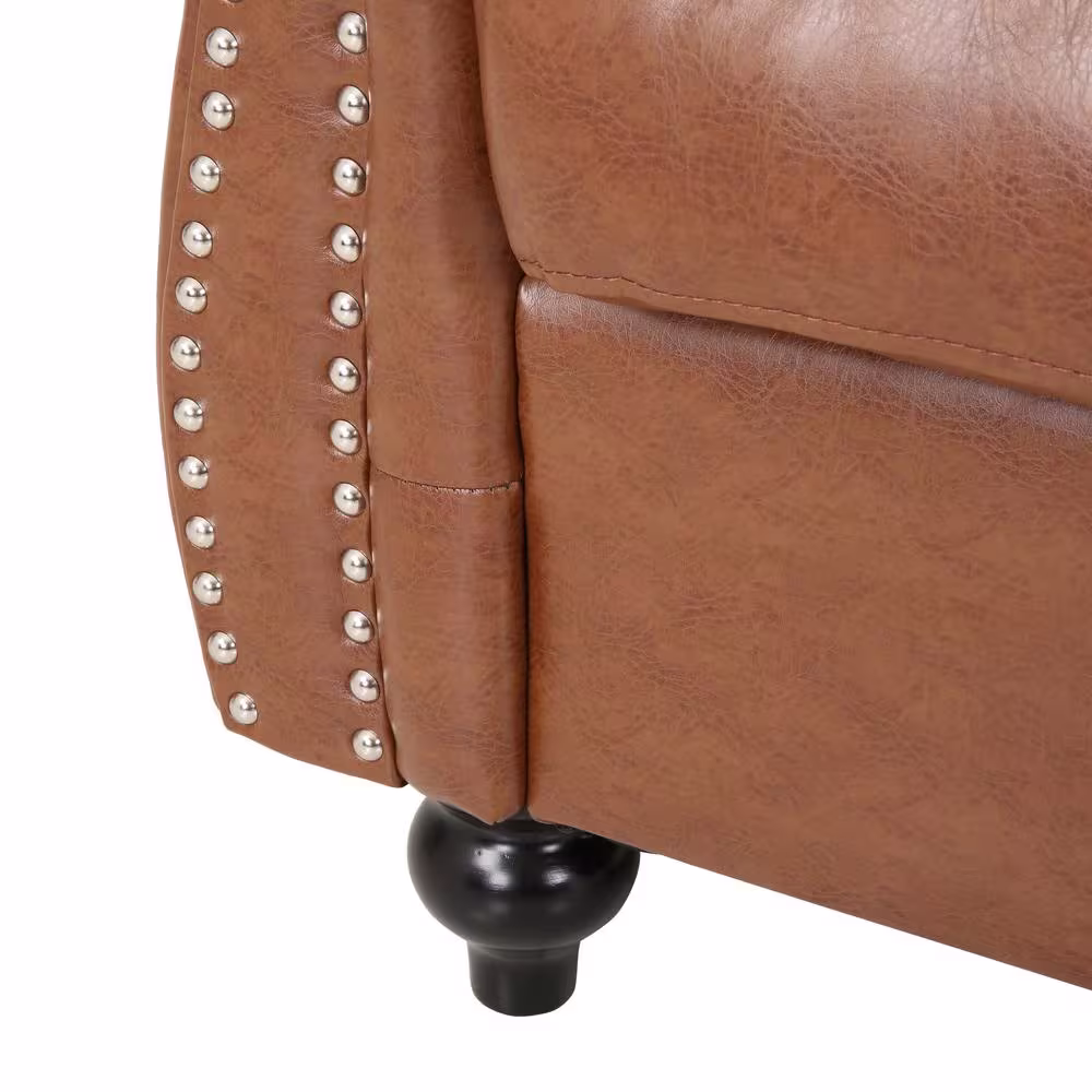 Noble House Silverdale 61.75 in. Cognac Brown Solid Faux Leather 2-Seat Loveseats with Nailhead