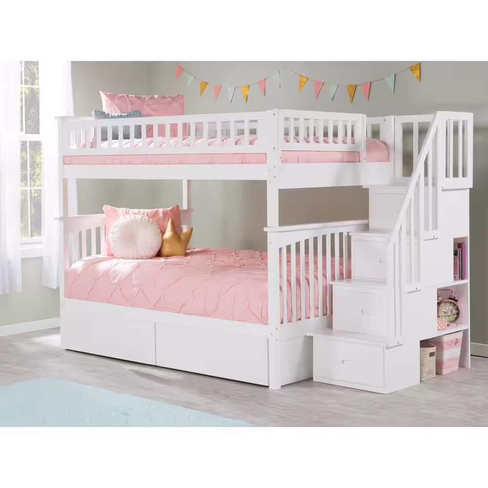 AFI Columbia Staircase White Full Over Full Bunk Bed with 2-Urban Bed Drawers