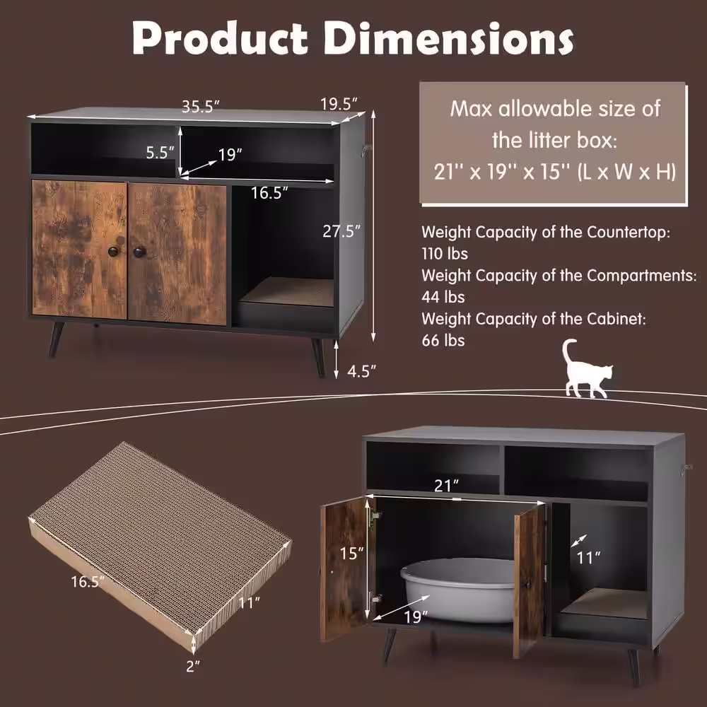 ANGELES HOME 35-1/2 in. x 19-1/2 in. Brown Black MDF Cat Litter Box Enclosure with Scratch Pad