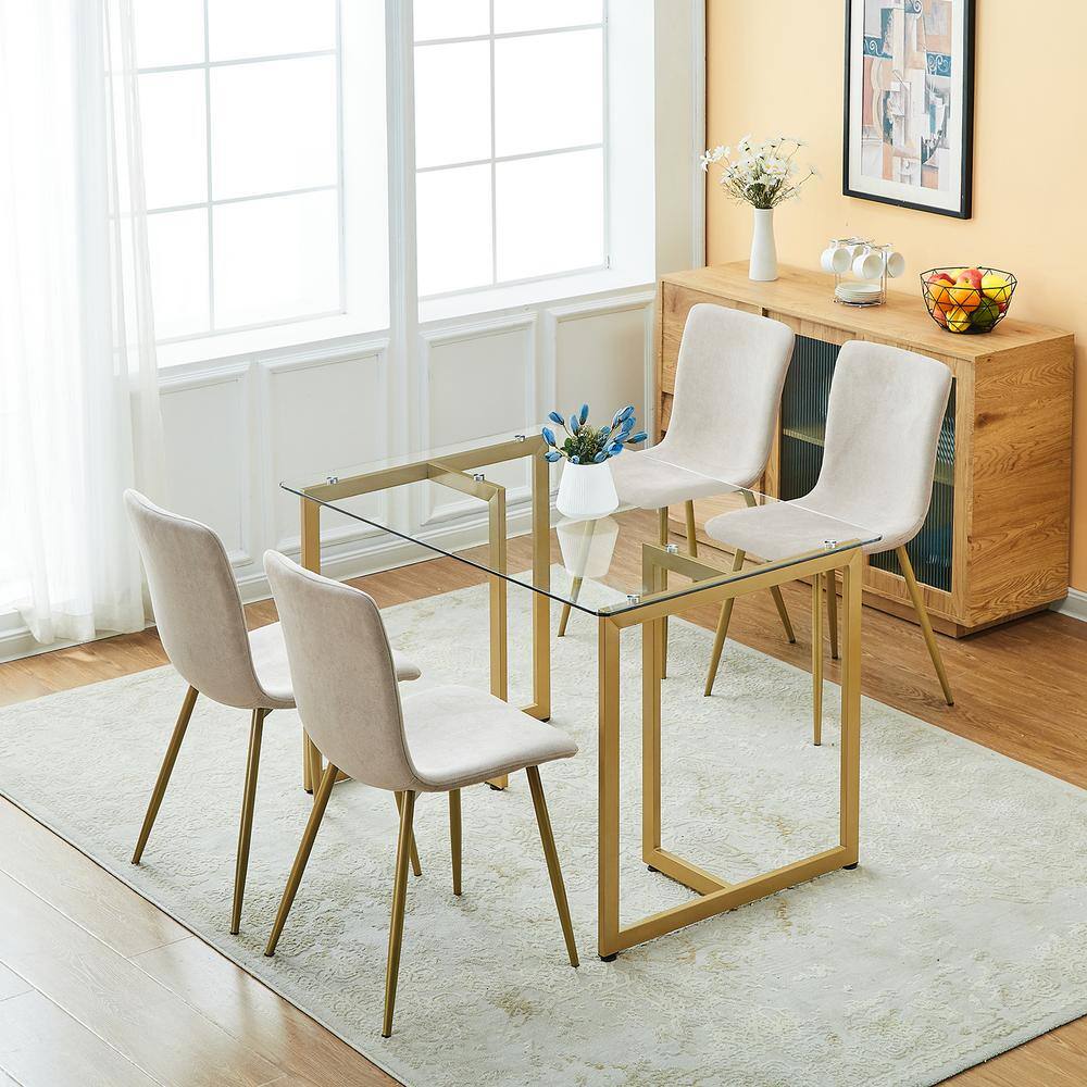 None Slip Scargill Beige 5-Pcs Elegant Dining Set with Glass Top Gold Leg Table and Fabric Upholstered Chairs (Seat 4)