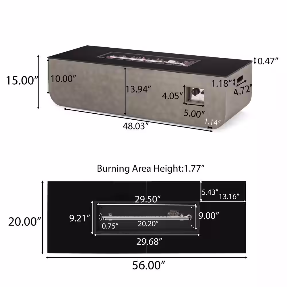 Noble House Delphine Light Grey and Grossy Black Rectangular Stone Fire Pit (No Tank Holder)