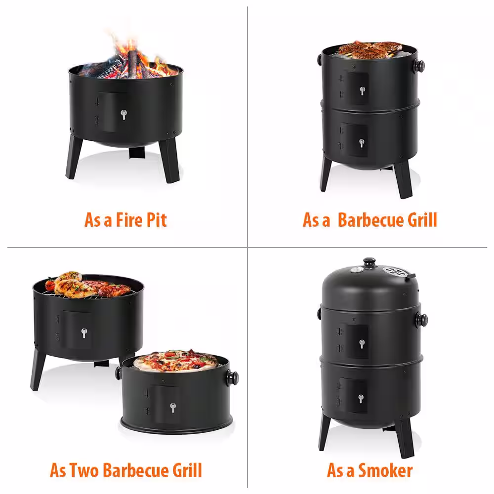 None Vertical 16 in. Steel Charcoal Smoker, Heavy-Duty Round BBQ Grill for Outdoor Cooking in Black