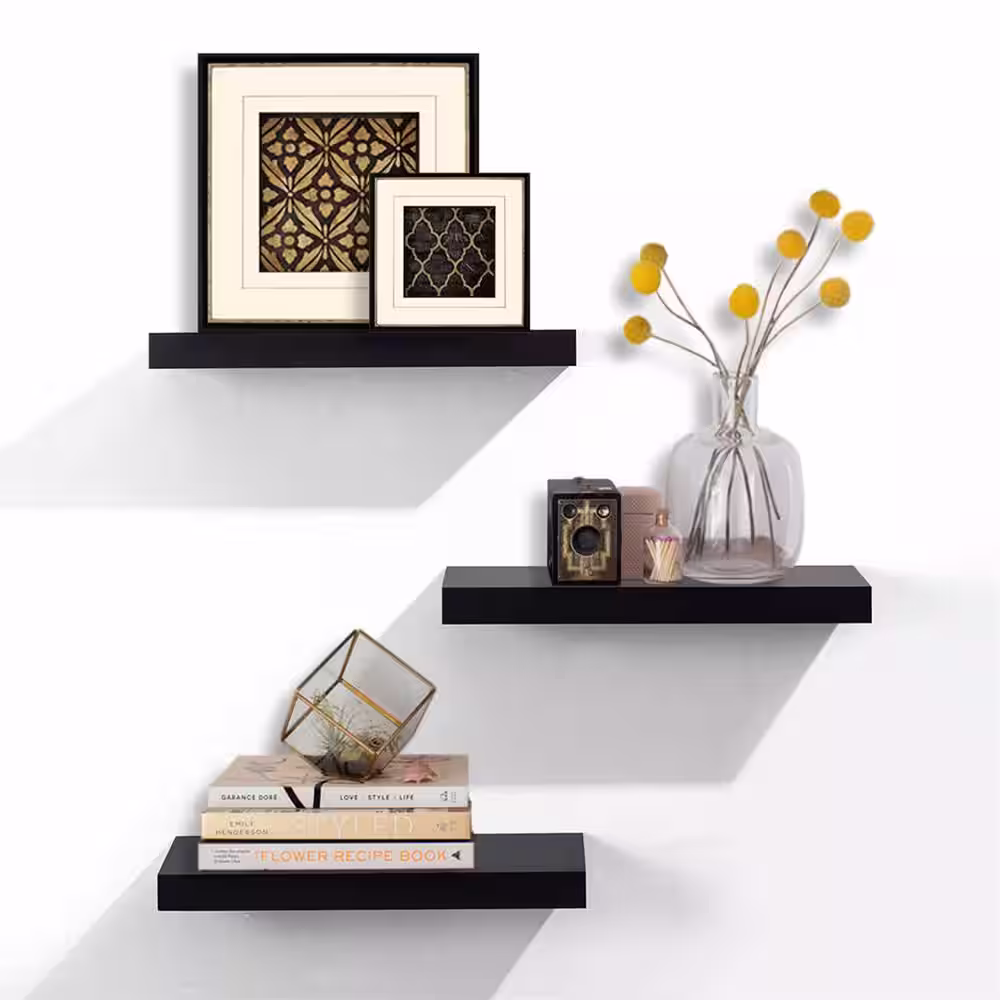 Cubilan 5.9 in. x 15 in. x 1.35 in. Black Wood Floating Decorative Wall Shelves (Set of 3)