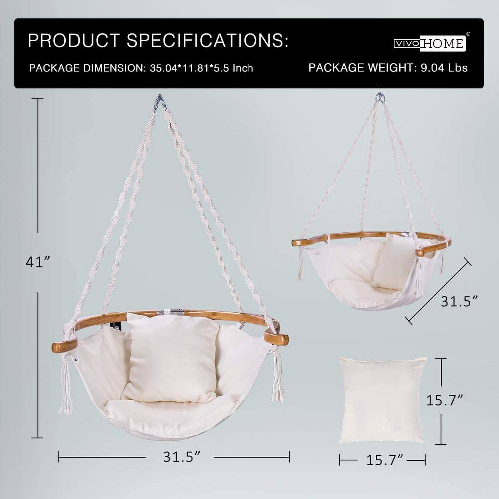 VIVOHOME 3.4 ft. Hanging Hammock Chair with Armrest and Cushion in White