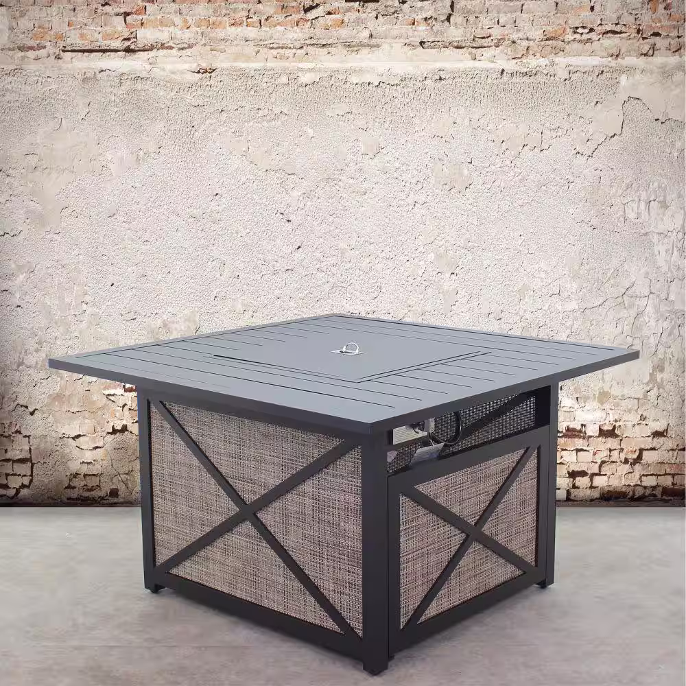 Courtyard Casual Santa Fe Metal Square Fire Pit in Java with 18 lbs. of Amber Fire Glass and Sling Base