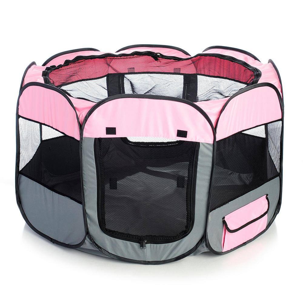 PET LIFE All-Terrain Lightweight Easy Folding Wire-Framed Collapsible Travel Dog Playpen in Pink/Grey - LG