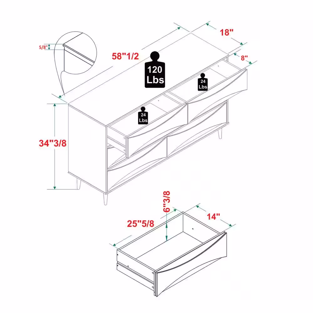 Welwick Designs 6-Drawer Walnut Wood Mid-Century Modern Dresser with Curved Detailing
