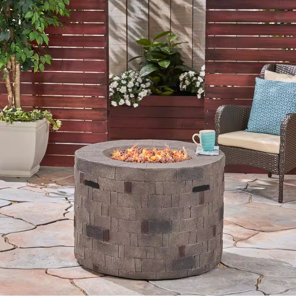 Noble House Cameron 32 in. x 23 in. Circular Concrete Propane Fire Pit in Brown
