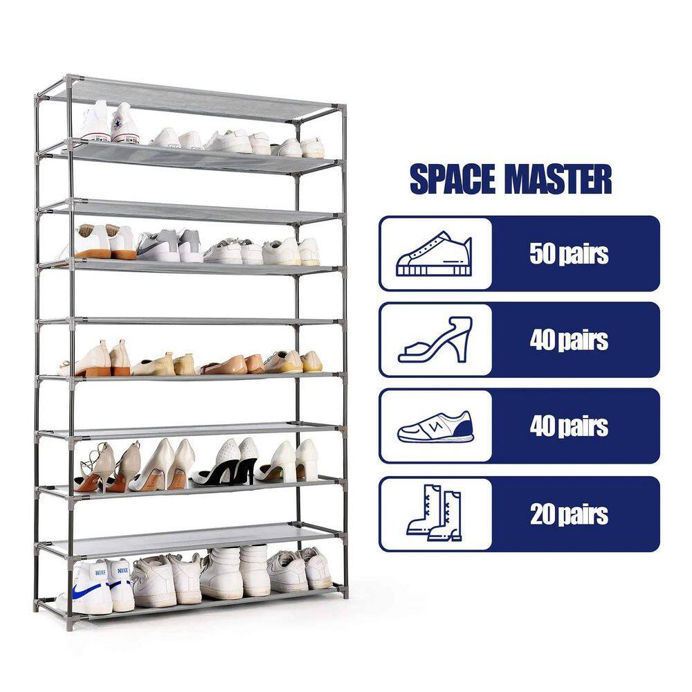 None 59.5 in. H 45-Pair 10-Tier Gray Metal Shoe Rack