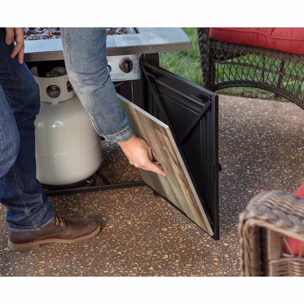 Endless Summer 30 in. W x 25.4 in. H Square Steel Frame and Wood Grain Print Resin Mantel LP Gas Fire Pit with Integrated Ignition