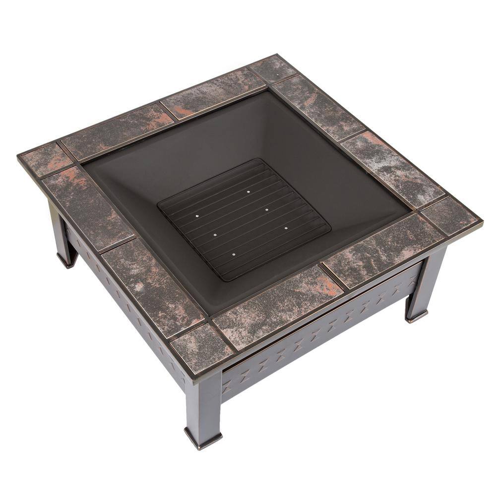 Pure Garden 32 in. Steel Square Tile Fire Pit with Cover