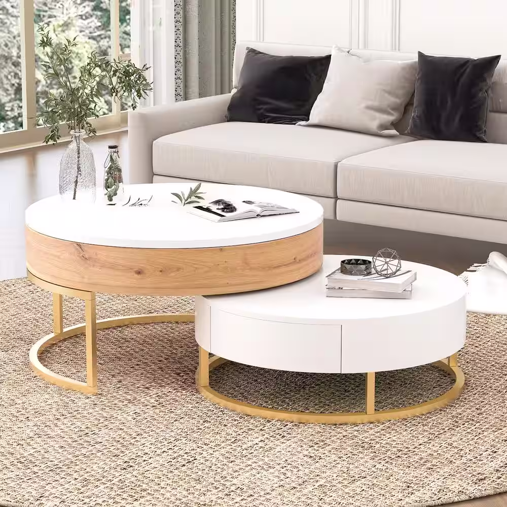 Harper & Bright Designs Multifunctional 31.5 in. White and Natural Round MDF Lift-top Nesting Coffee Table, Accent Table Set with Drawers