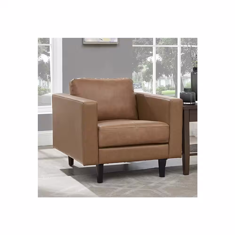 None Tan Top Grain Genuine Mid-Century Leather Accent chair, Sectional Mini Sofa, Small Sofa Bed