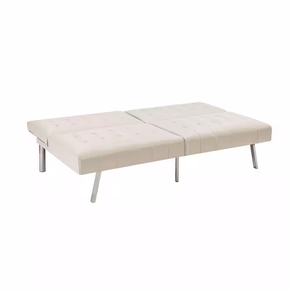 HOMESTOCK Cream, Faux Leather Tufted Split Back Futon Sofa Bed, Couch Bed, Futon Convertible Sofa Bed with Metal Legs