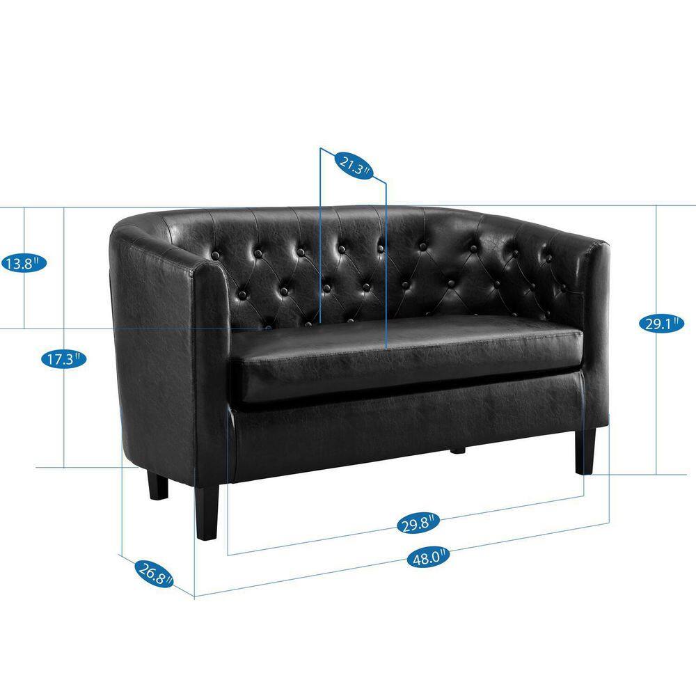 None 48 in. Black Love Seat, Button Tufted Faux Leather Barrel Loveseat, Midcentury Modern 2 Seater Couch, Small Loveseat
