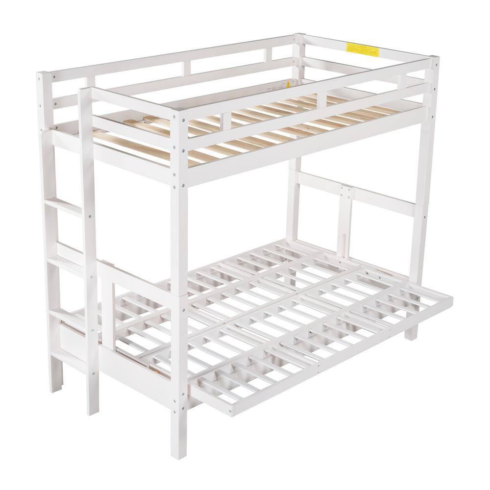 ANBAZAR Twin over Full Bunk Bed/Twin over Futon, Convertible to 2 Beds, Wood Bunk Bed with Safety Guardrail and Ladde(White)
