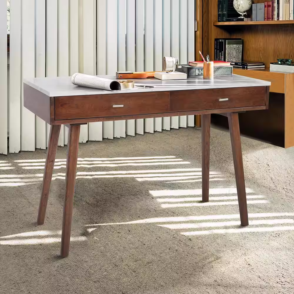 AndMakers Viola 44 in. Rectangular Carrara White Wood 2-Drawer Writing Desk with Walnut Legs and Marble Top