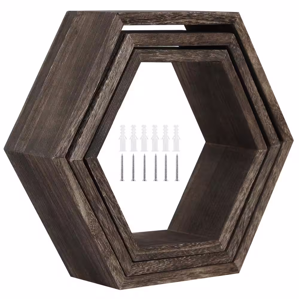 None 15 in. Wooden Hexagon Rustic Floating Honeycomb Shelves in Deep Natural Wood (Set of 3)