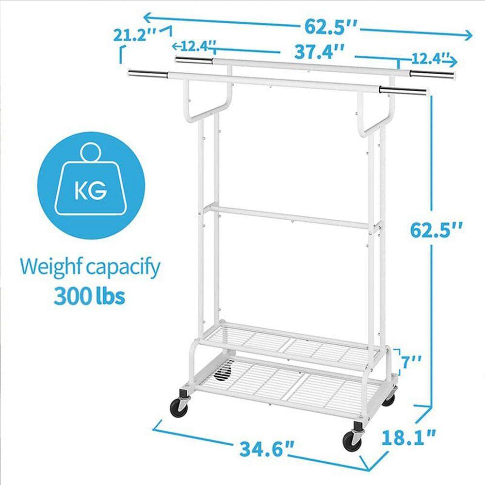 None White Metal Garment Clothes Rack With Double Rod 38 in. W x 62 in. H