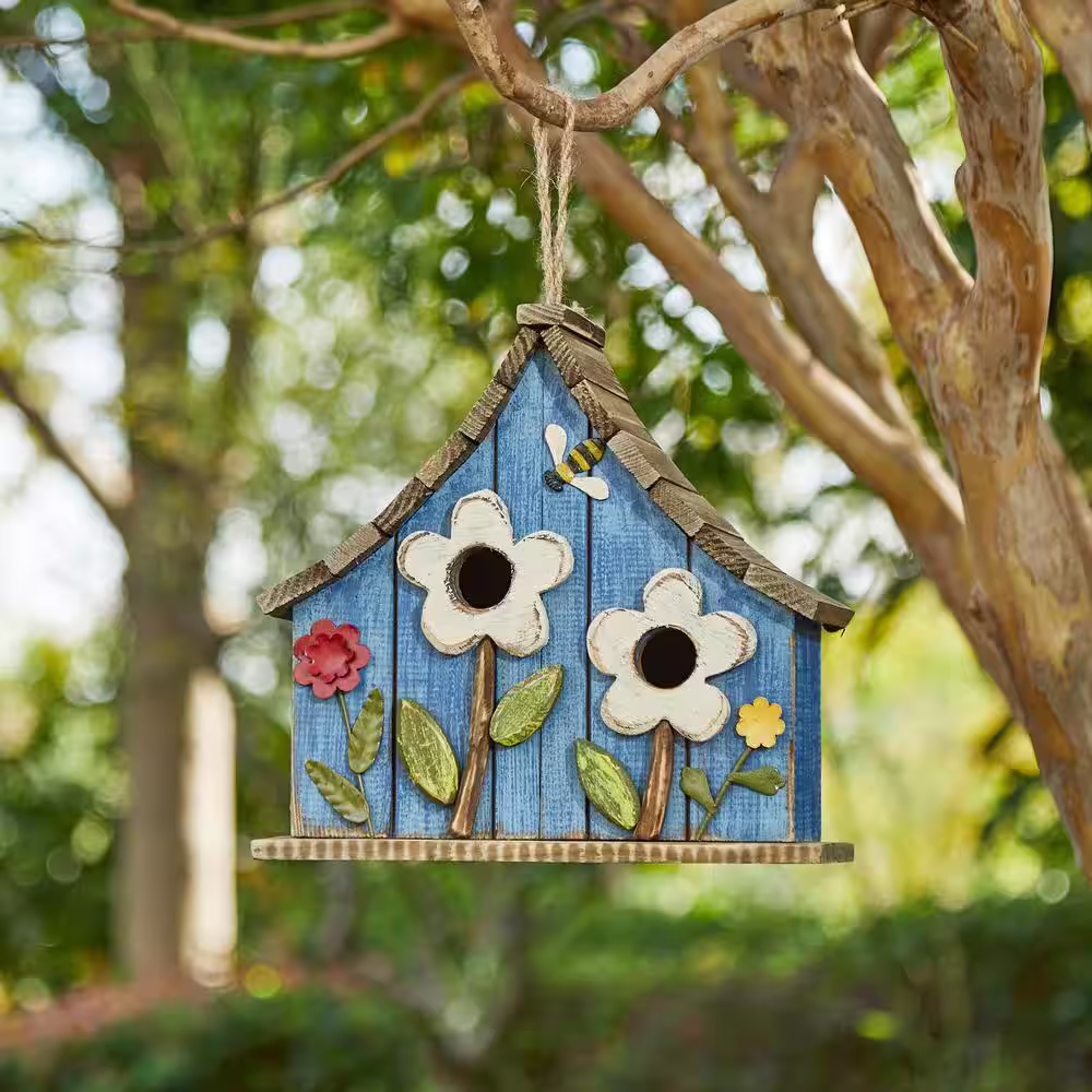 Glitzhome 10.5 in. H Distressed Solid Wood Birdhouse with 3D Flowers