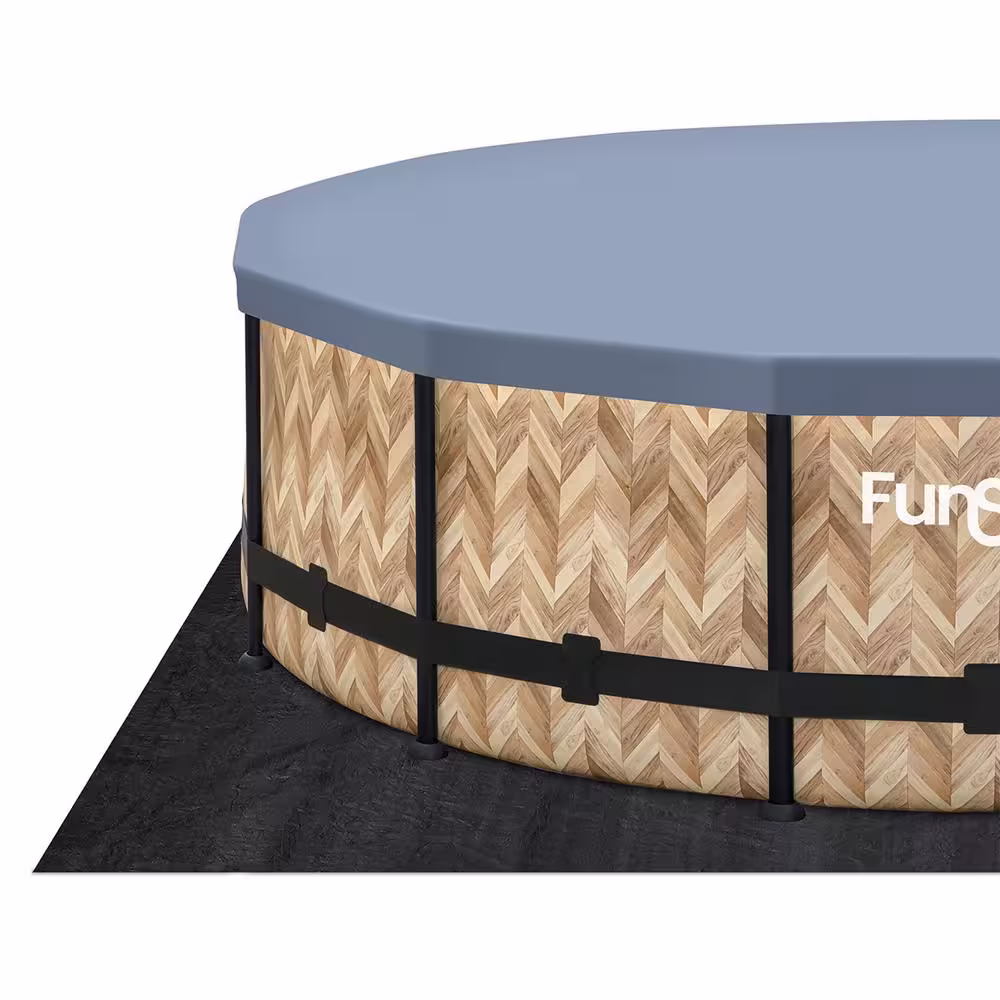 None 14 ft. Round 42 in. Deep Metal Frame Above Ground Pool, Oak Herringbone