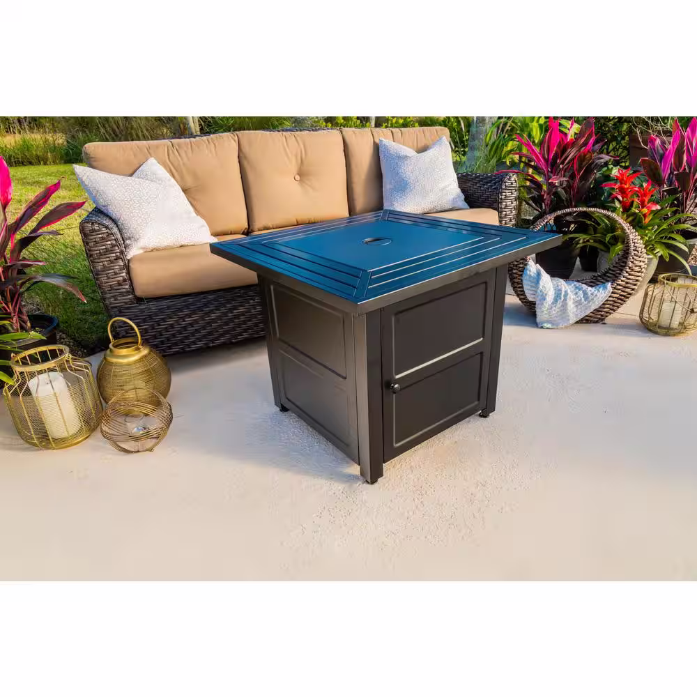 FIRE ISLAND 30 in. W x 24.6 in. H Square Steel Propane Black Slate Fire Pit with Stamped Steel Black Base and 50000 BTU Burner