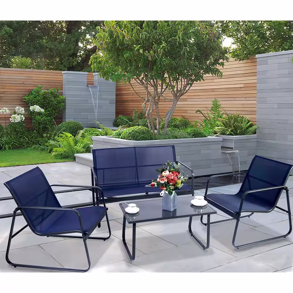 KOZYARD Gray 4-Piece Metal Patio Conversation Set with Blue Breathable Textilence Seating