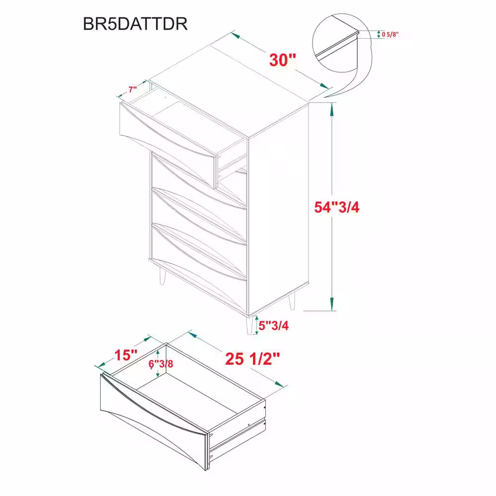 Welwick Designs 5-Drawer Caramel Wood Mid-Century Modern Dresser with Curved Detailing