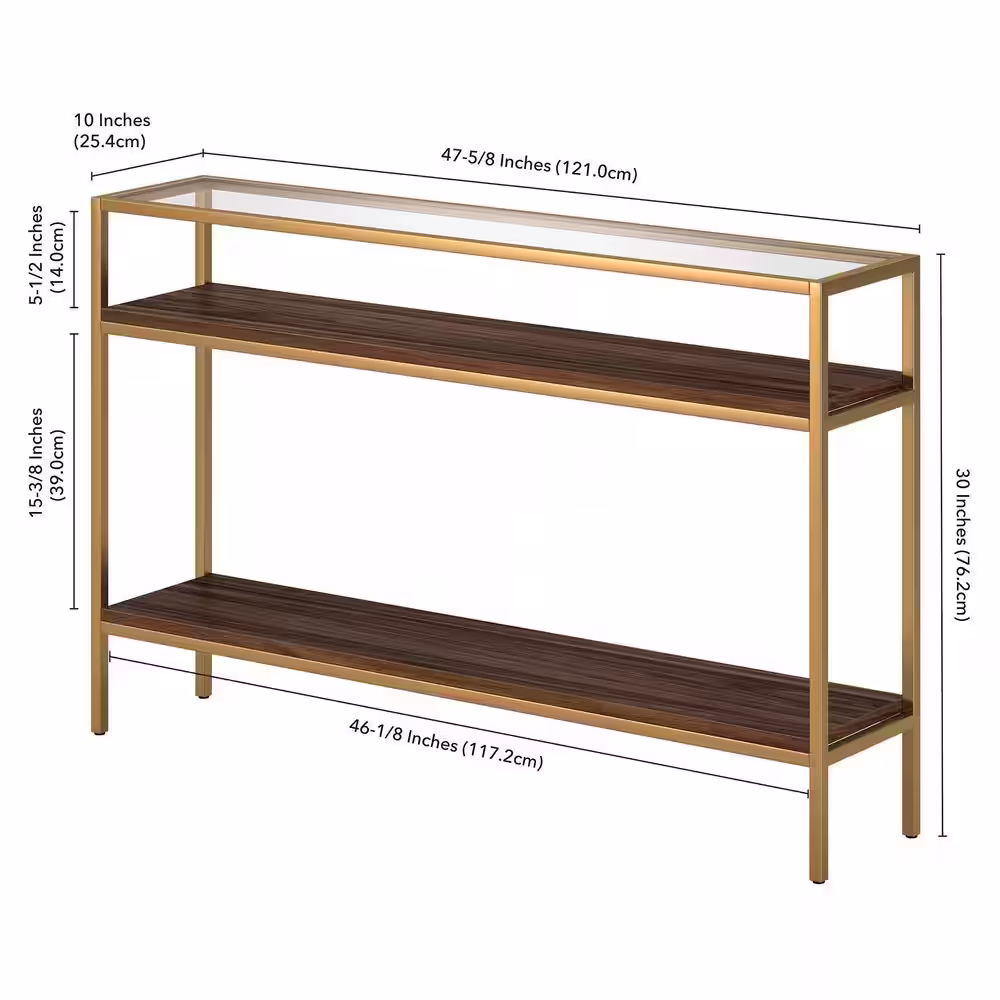 None Felicia 47.6 in. Gold Walnut Rectangle Glass Console Table