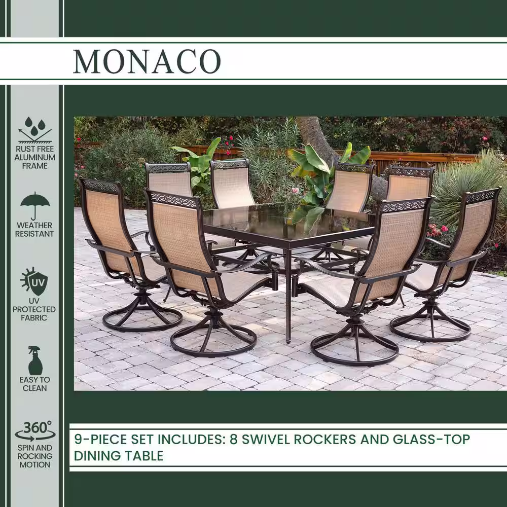 Hanover Monaco 9-Piece Aluminum Outdoor Dining Set with Square Glass-Top Table and Contoured Sling Swivel Chairs