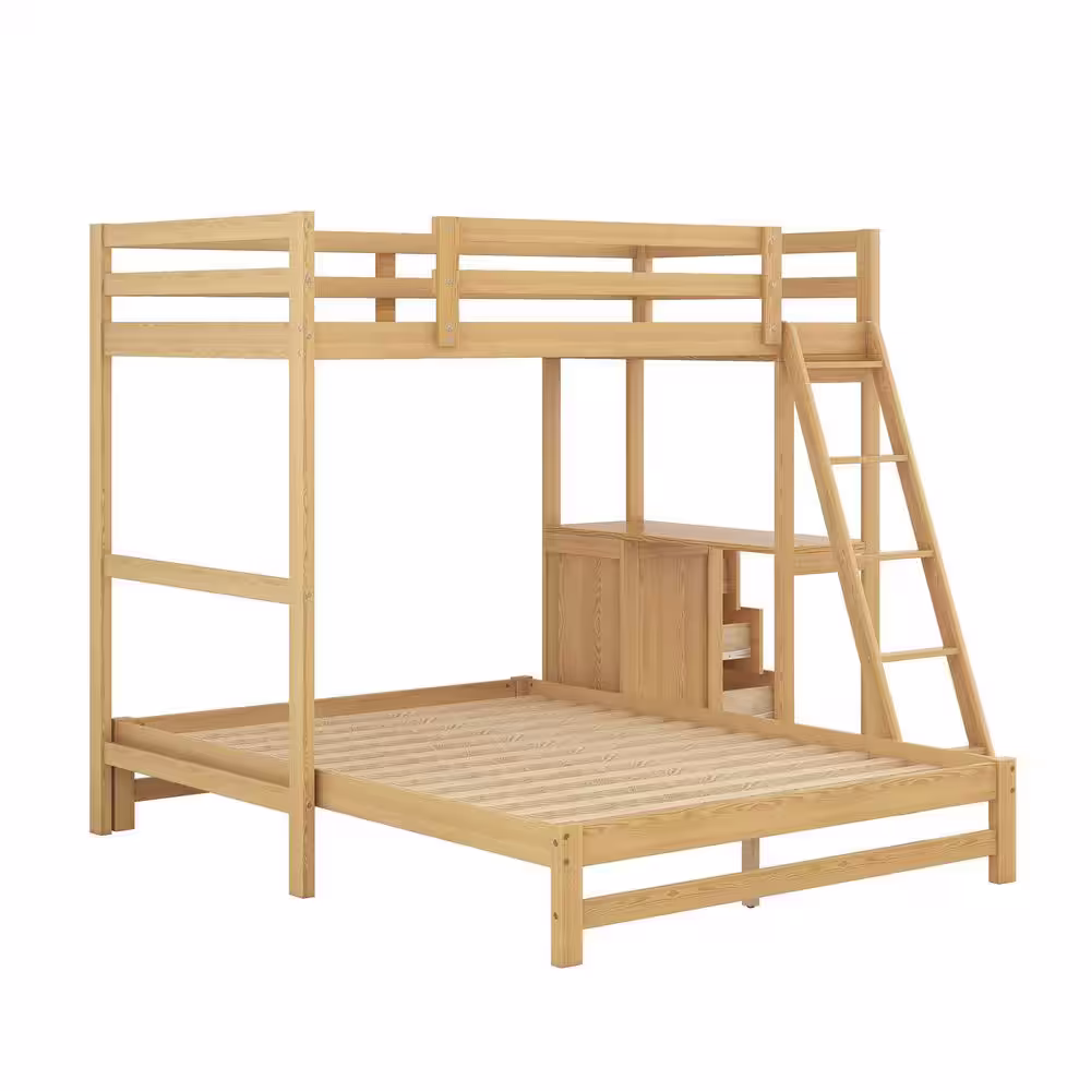 None Natural Wood Twin Over Full Bunk Bed with Desk and 3-Drawers Detachable Wood Kids Bunk Bed Frame with Inclined Ladder