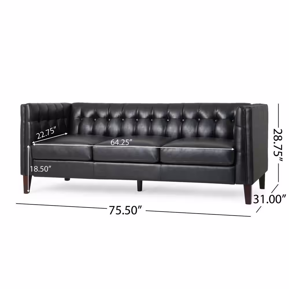 Noble House Sadlier 75.5 in. 3-Seat Square Arm Faux Leather Straight Midnight Black Sofa