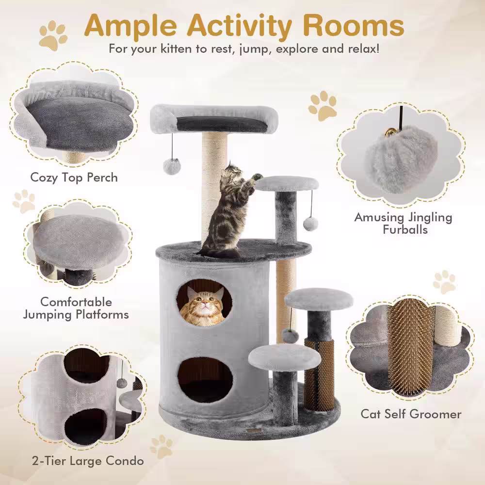 ANGELES HOME Gray 40 in. Cat Tree Tower Multi-Level Activity Tree with 2-Tier Cat-Hole Condo