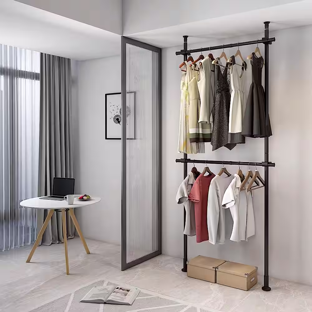 None Black Stainless Steel 2 Tier Adjustable Hanging Clothes Rack 43.3 in. W x 120 in. H