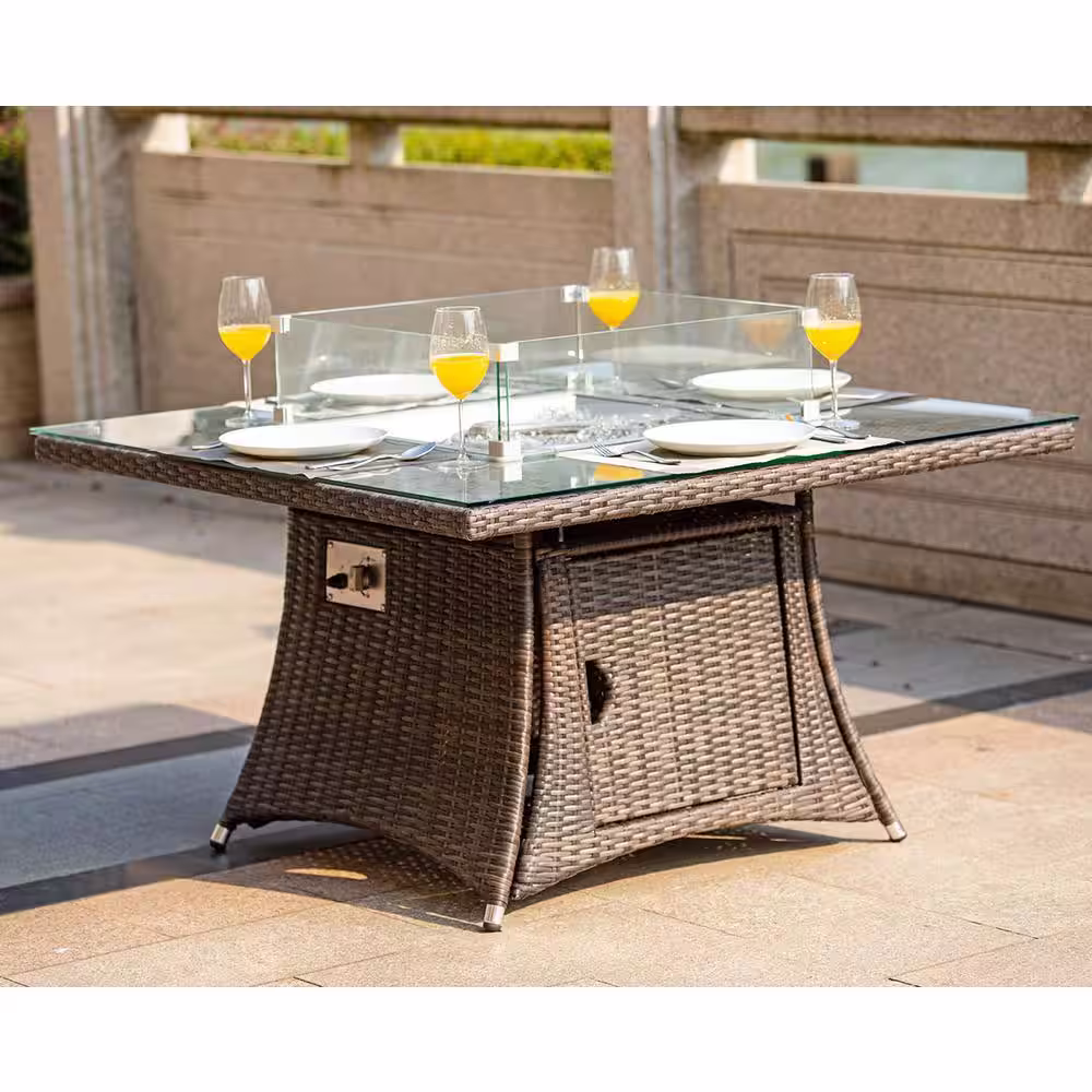 DIRECT WICKER Turnbury 47 in. x 27 in. Square Stainless Steel Propane Gas Fire Pit Table in Brown Wicker with Tempered Glass Surround
