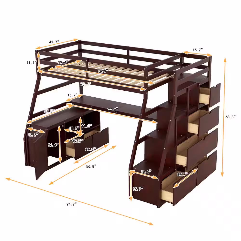 Harper & Bright Designs Espresso Twin Size Loft Bed with Built- In Desk, 7 Drawers, 2 Shelves and Staircases