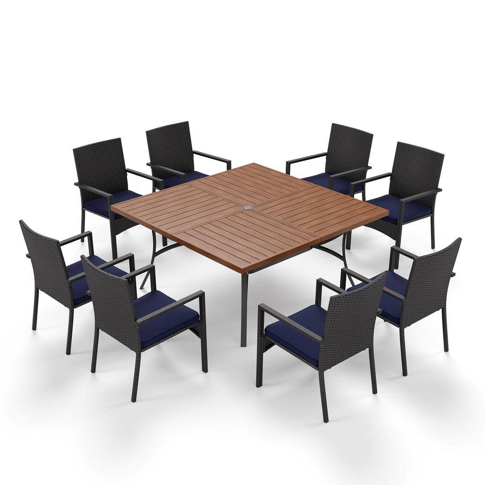 None Black 9-Piece Metal Square Patio Outdoor Dining Set with Wood Finish Table and Rattan Chair with Blue Cushion