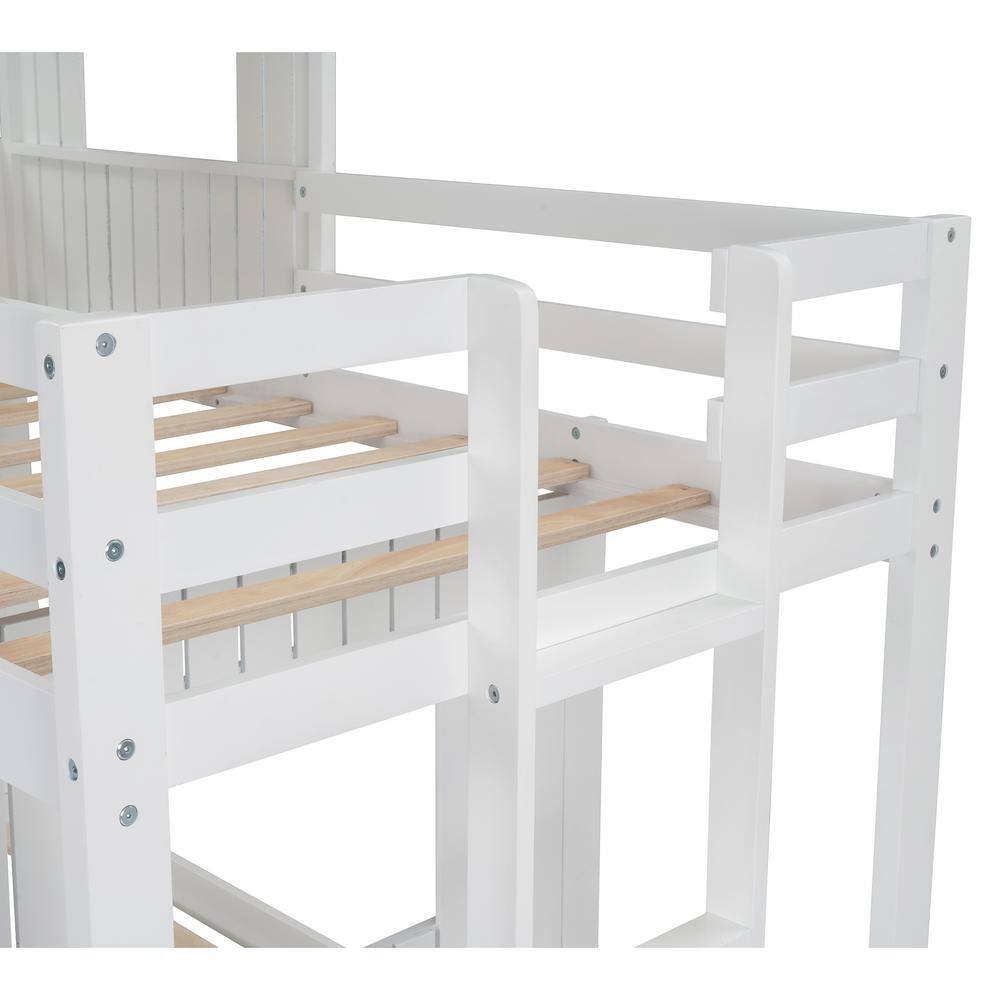 Harper & Bright Designs White Twin Over Full Wooden Playhouse Bunk Bed with Ladder and Guardrails