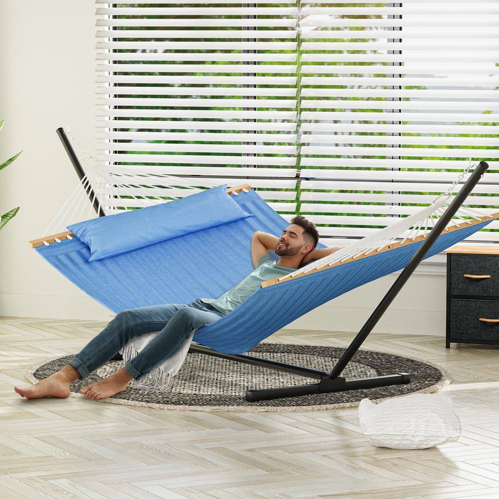 DEXTRUS 2-Person 12 ft. Free Standing Metal Hammock Stand with Detachable Pillow in Blue