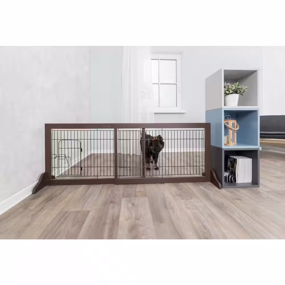 TRIXIE Adjustable Freestanding Pet Gate : Width Expands 40 in. to 71 in. : Lightweight : Brown