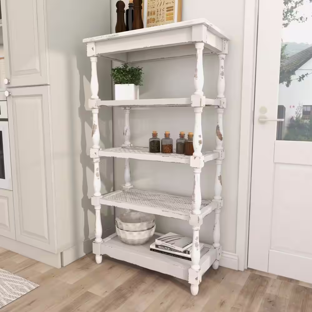 Litton Lane 5 Shelf Wood Stationary White Distressed Open Shelving Unit with Spindle Sides and Mesh