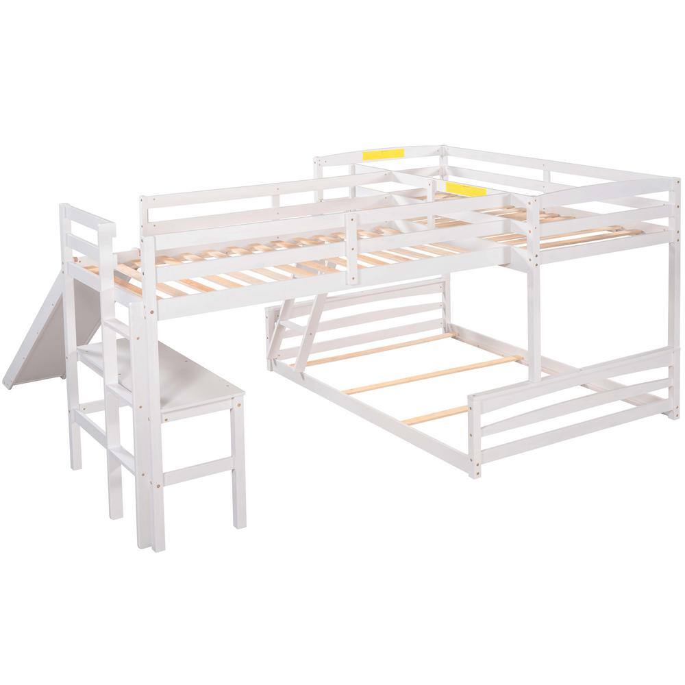 Harper & Bright Designs L-Shaped White Twin Over Full Triple Bunk Bed with Ladder, Slide and Desk