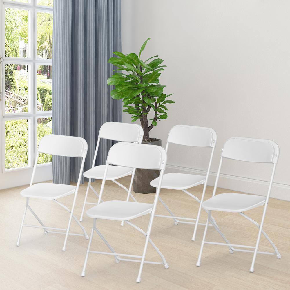 cadeninc White Plastic Seat with Metal Frame Folding Chair (Set of 5)