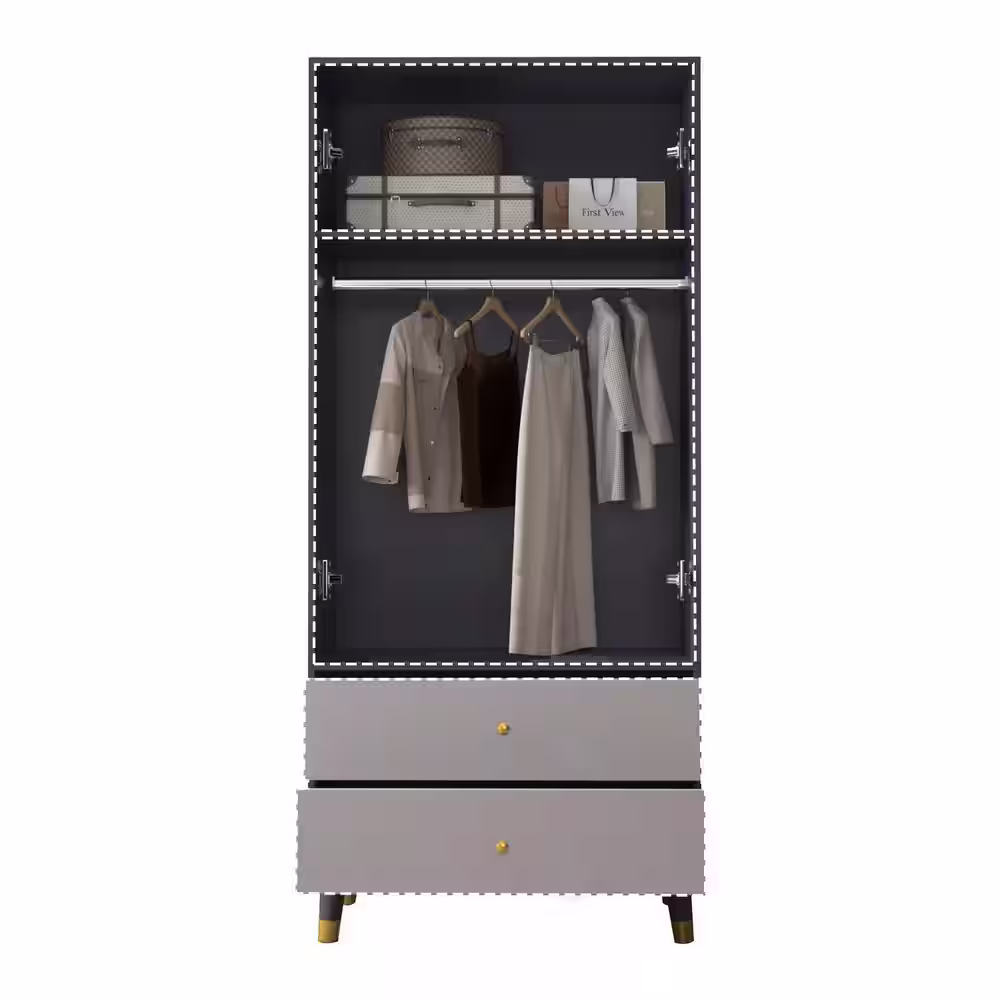 None Gray Armoire with 2-Drawers, Hanging Rod and Gold Metal Handles 70.9 in. H x 19.1 in. W x 31.5 in. D