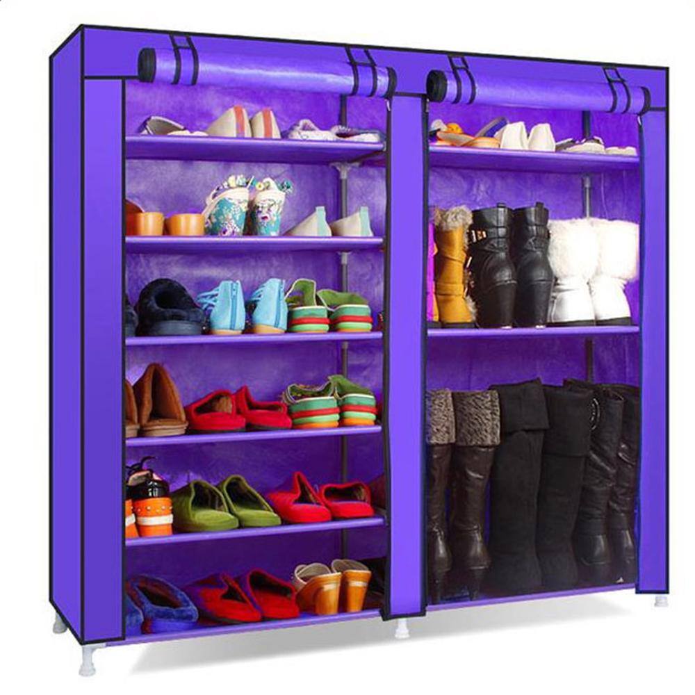 None Double Rows 44 in. H x 11.02 in. W 27-Pairs Purple Fabric Shoe Rack with Dust Cover