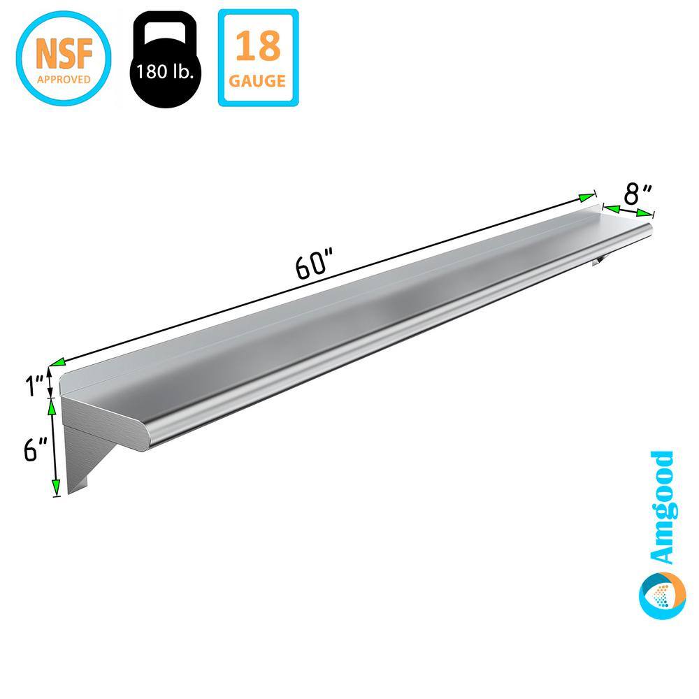 None 8 in. x 60 in. Stainless Steel Wall Shelf. Kitchen, Restaurant, Garage, Laundry, Utility Room Metal Shelf with Brackets